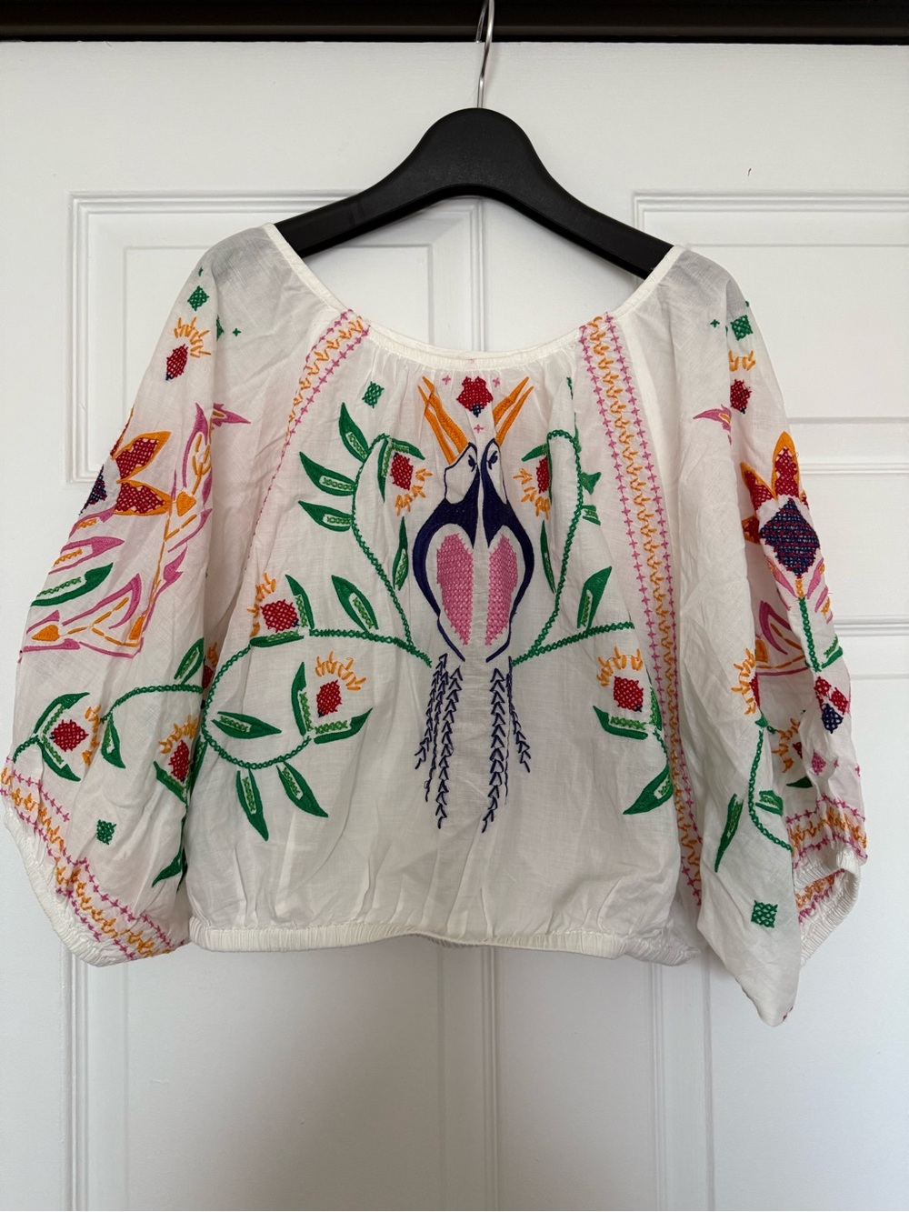 FARM Rio White Embroidered Crop Top with Multicolor Bird & Floral Motif